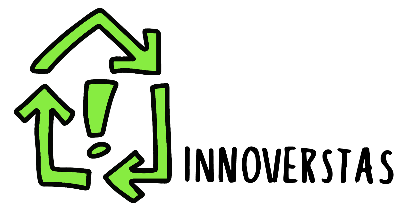 Innoverstaan logo: vihreä huutomerkki, jonka ympärillä talon muodossa kulkevat kierrätysnuolet.