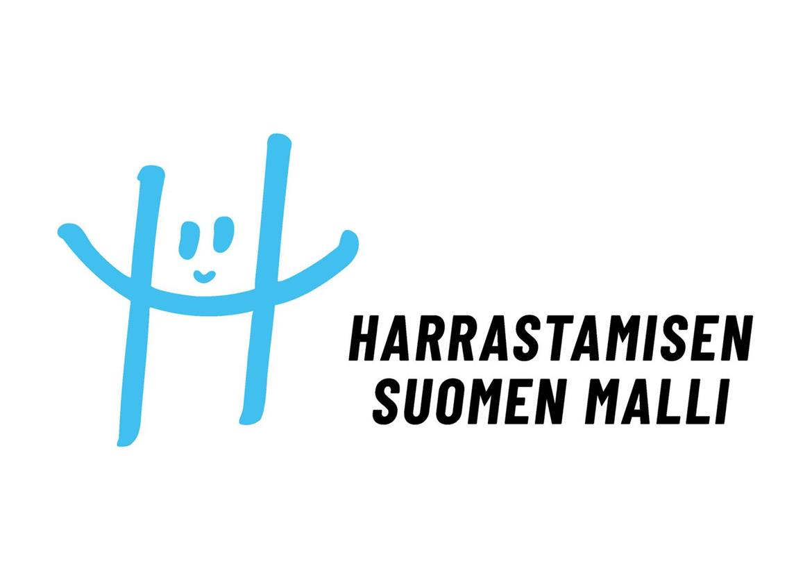 Harrastamisen Suomen malli -logo: tyylitelty sininen H-kirjain jolla on silmät. Oikealla puolella musta teksti 