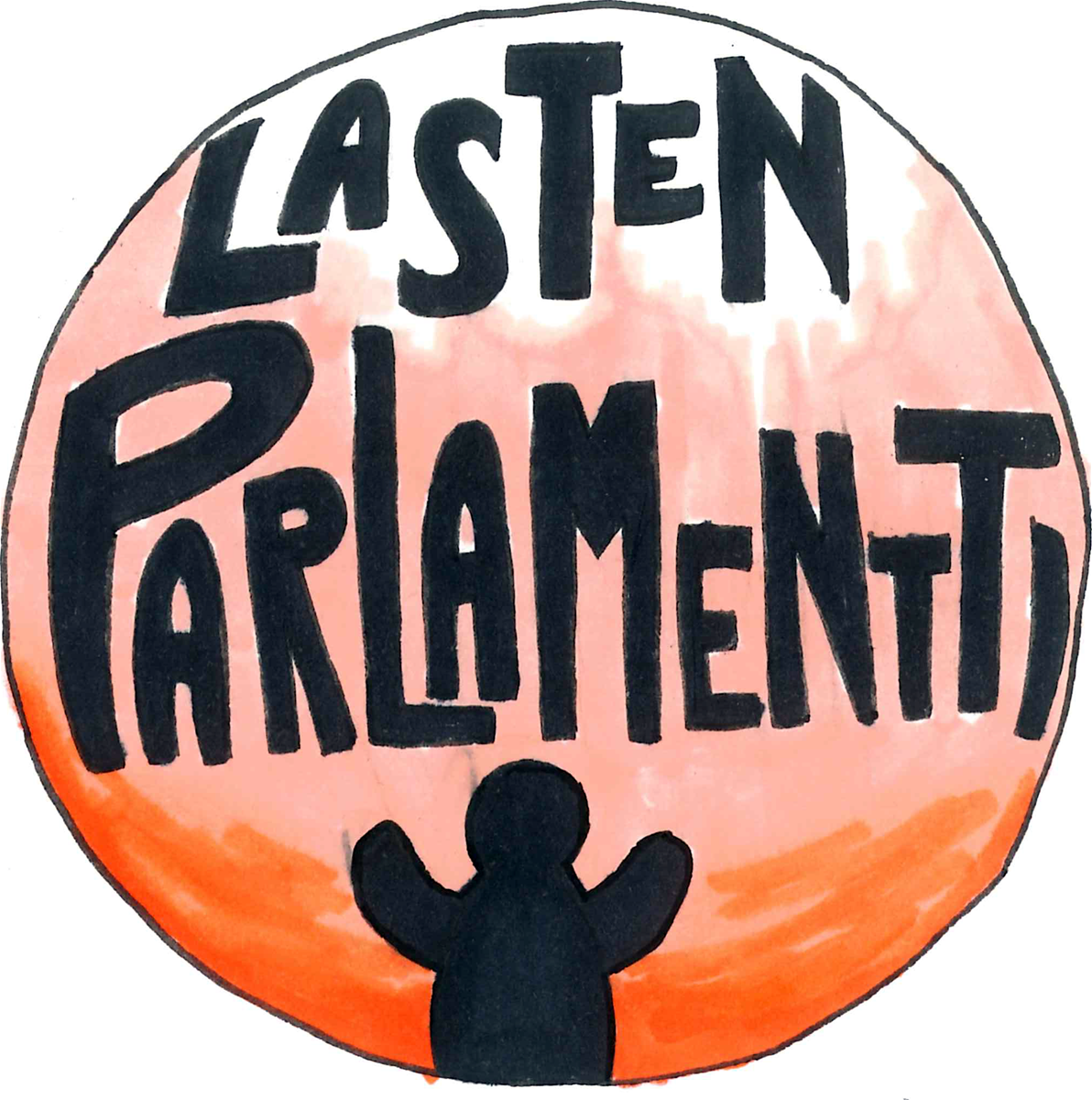 Lasten Parlamentin logo, jossa oranssin ja valkean värisellä pyöreällä taustalla Lasten Parlamentti -teksti ja kädet ylhäällä seisova ihmishahmo.